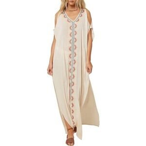 O'Neill Womens Embroidered Maxi Dress Beach Cover Up Boho Cold Shoulder Cream XL